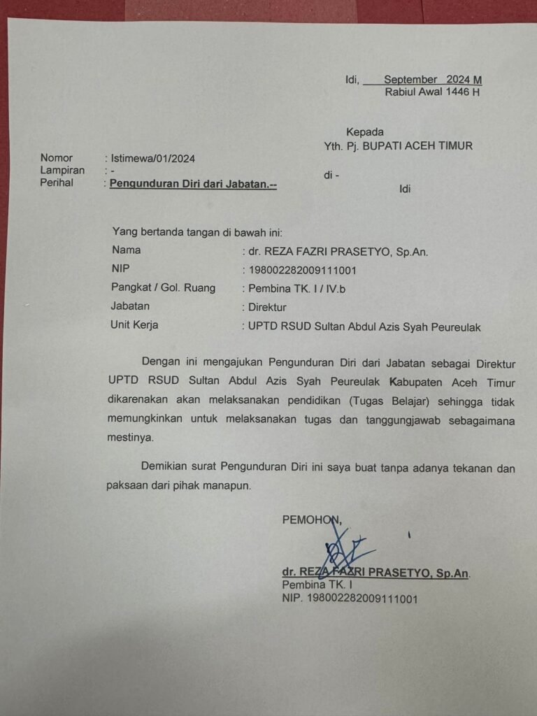 Direktur RS Sultan Abdul Azis Syah Peureulak Mengundurkan Diri Ada Apa?