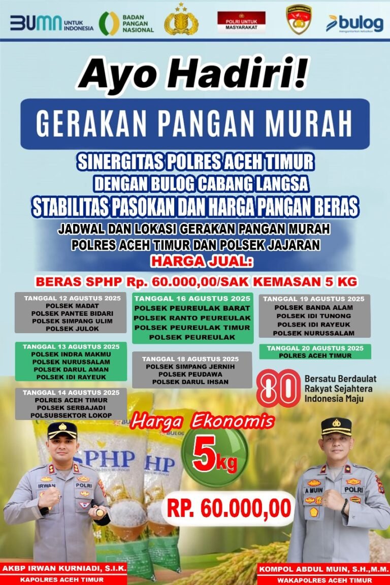 Polres Aceh Timur Gelar Gerakan Pangan Murah, Sediakan 26 Ton Beras SPHP