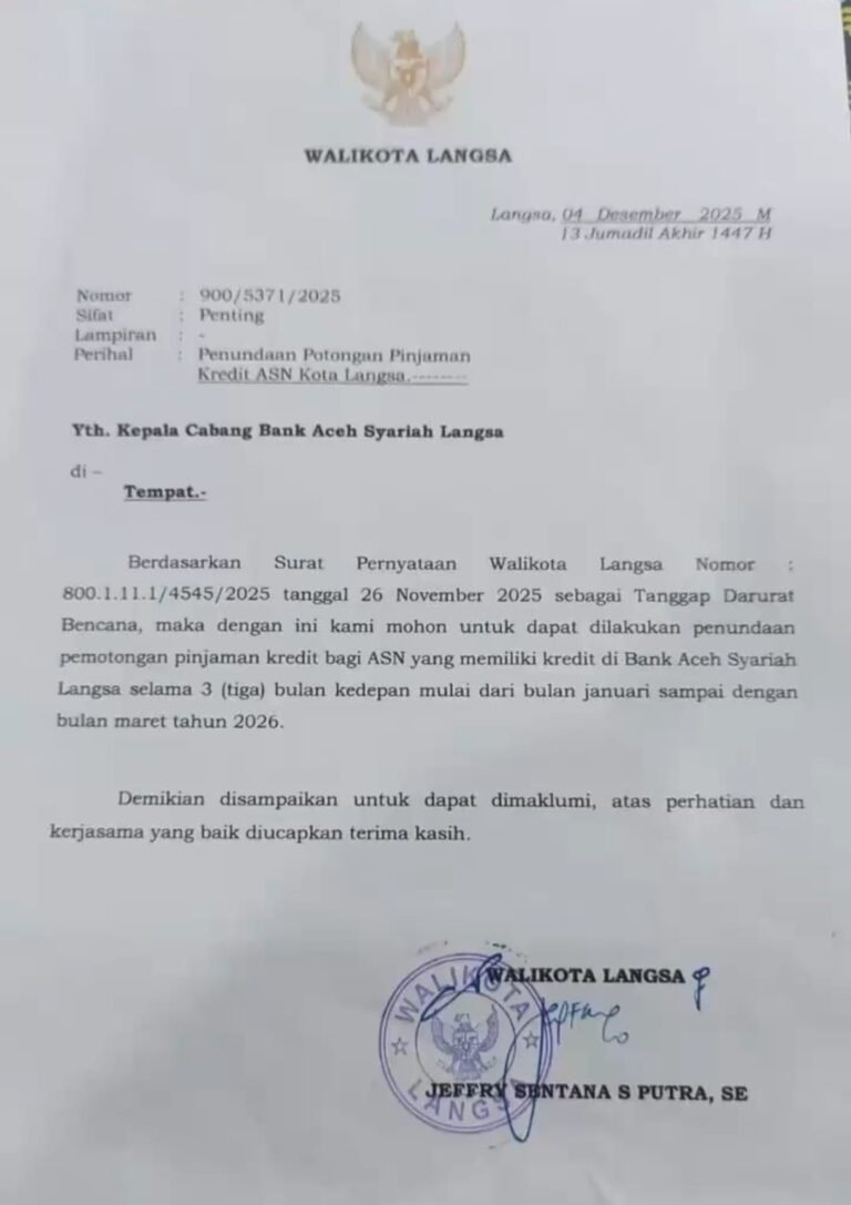 Wali Kota Langsa Minta Bank Aceh Syariah Tangguhkan Pembayaran Pembiayaan/Kredit bagi PNS
