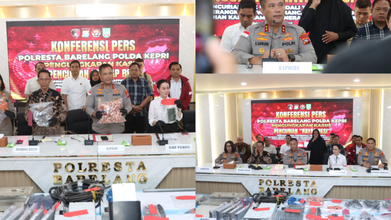KAPOLDA KEPRI PIMPIN KONFERENSI PERS PENGUNGKAPAN TINDAK PIDANA PENCURIAN DENGAN PEMBERATAN FASILITAS UMUM