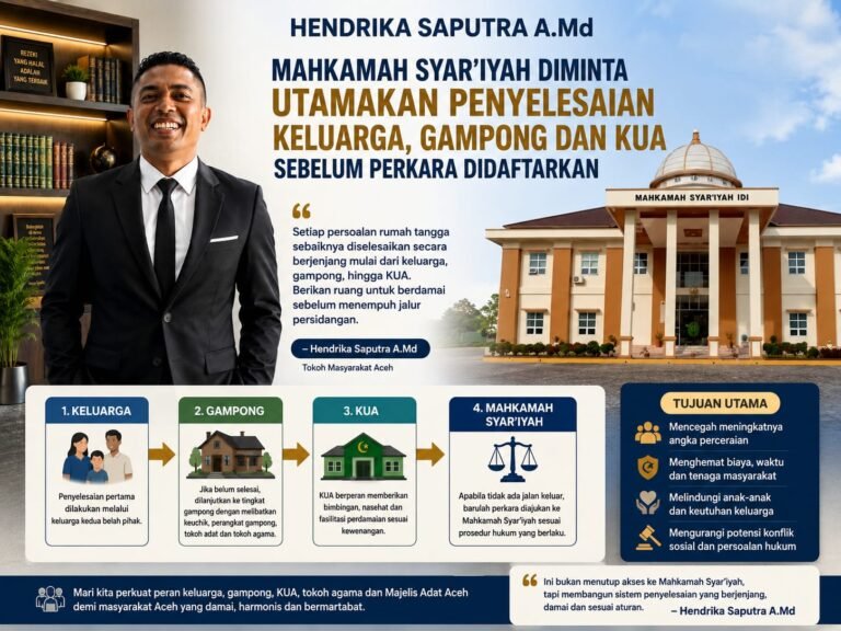 Hendrika Saputra A.Md Mahkamah Syar’iyah Diminta Utamakan Penyelesaian Keluarga, Gampong dan KUA Sebelum Perkara Didaftarkan