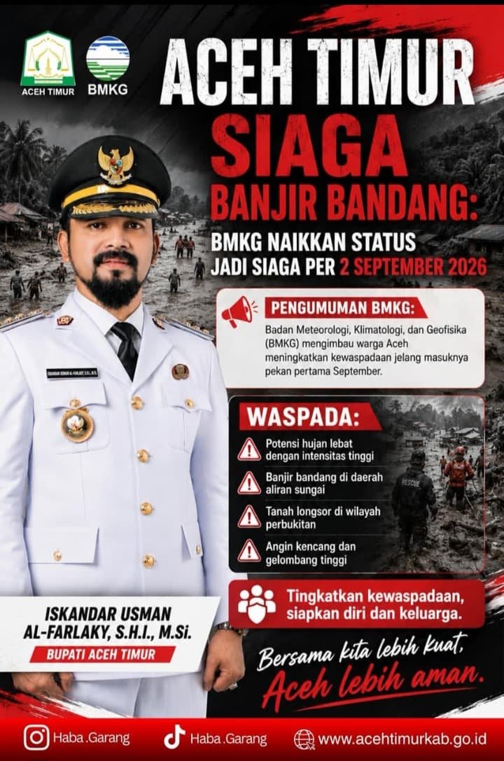 BMKG Naikkan Status Jadi Siaga, Bupati Aceh Timur Imbau Warga Waspada Banjir Bandang